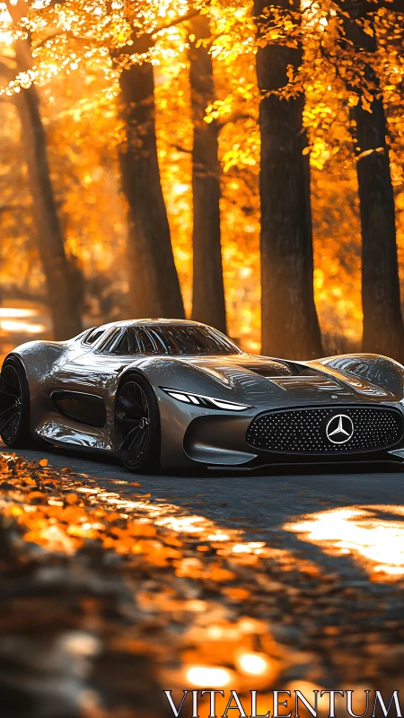 Sleek silver supercar gliding through a glowing autumn forest.