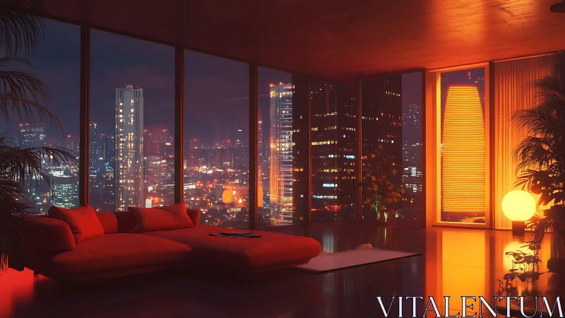 Interior night lounge facing illuminated city skyline view.