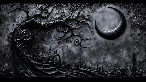 Monochrome textured nightscape with crescent moon relief.