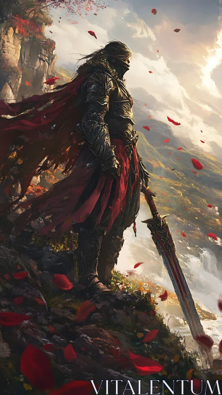 Armored figure stands on cliff edge holding large sword