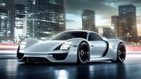 Silver street missile slices through neon city twilight.