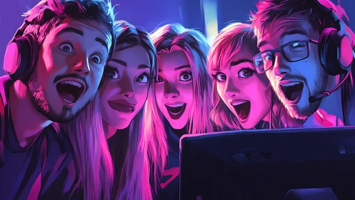 Neon lit gaming squad cheering around glowing monitor.