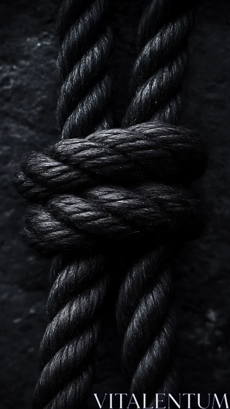 Macro study of tightly knotted black rope under directional lighting