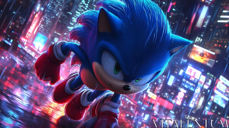 Blue hedgehog sprints through neon city street under rain