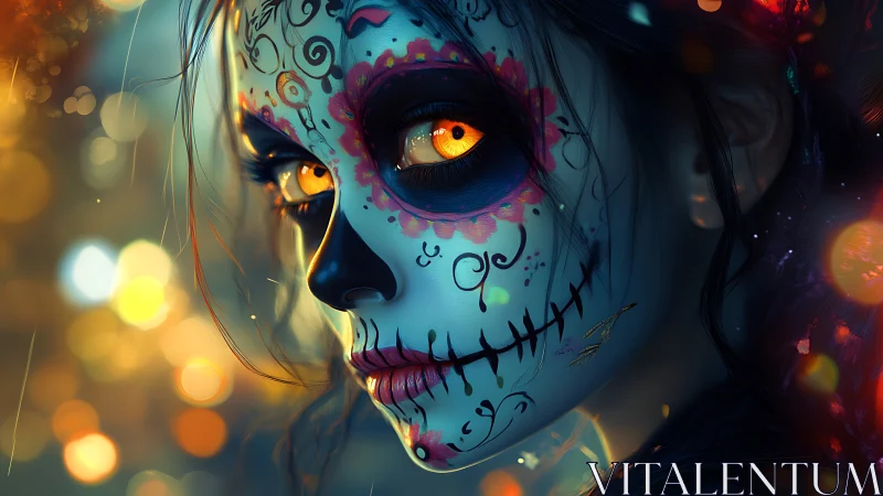 Luminous sugar skull girl glowing in dreamy night colors.