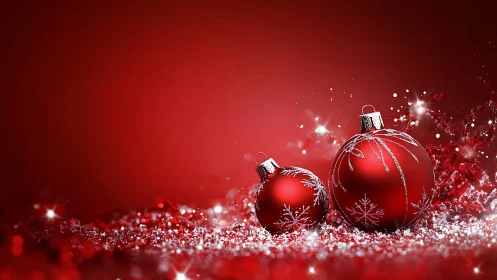 Crimson Christmas baubles shimmer in a sparkling snow drift.