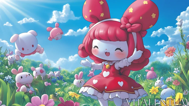 Sunny meadow joy with a red-dressed bunny friend.