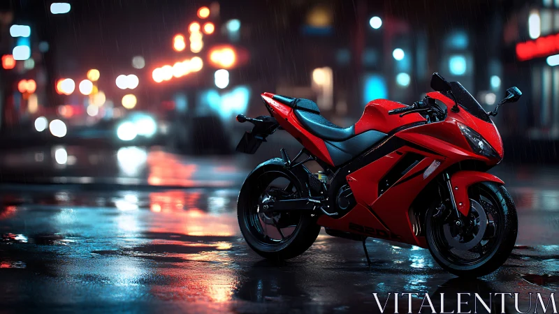 Red sport motorcycle gleams on a rainy neon city street at night.