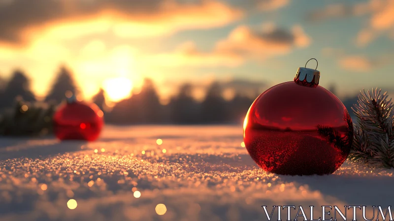 Red ornament glows warmly on snowy ground at winter sunset