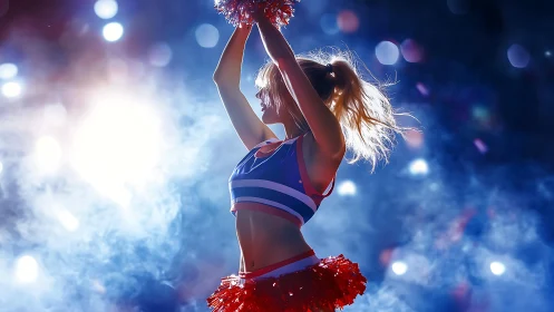Backlit cheerleader silhouette in stadium haze, high key lighting.