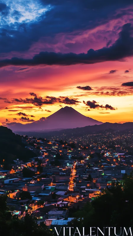 Volcanic skyline over illuminated valley city at chromatic dusk.