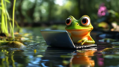 Curious cartoon frog uses a laptop in a sunlit forest pond.