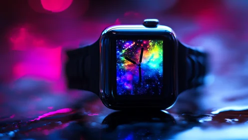 Starlit smartwatch portal bending neon time and color fields.
