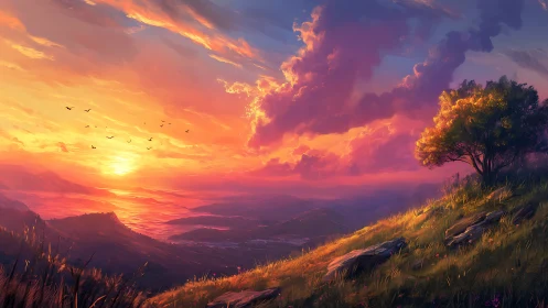 Radiant hillside sunset over layered valleys and glowing sea.