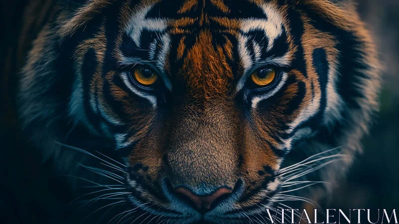 Tiger portrait with intense golden eyes in dark jungle.