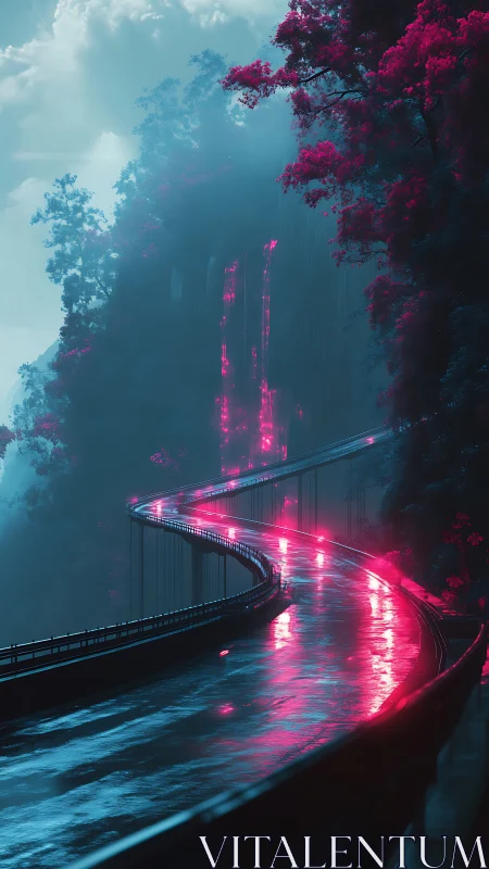 Neon rainroad curls beneath misty cliffs and pixel waterfalls