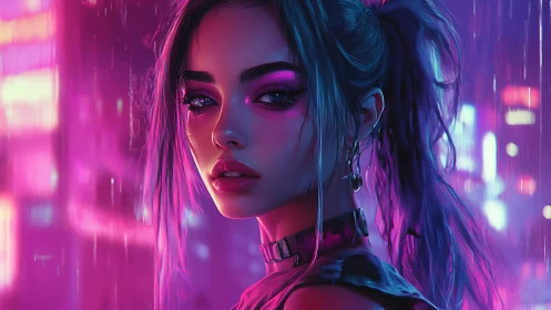 Neon rain rebel girl gazing through electric midnight haze.
