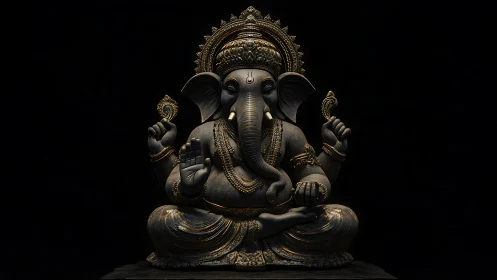 Serene Ganesha statue glowing softly in gentle darkness.