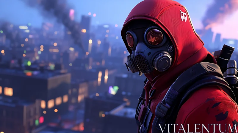 Red-hooded gasmask sentinel stalks a neon blurring cityscape.