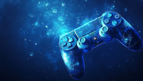 Starlit blue game controller drifting through cosmic sparks.