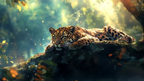 Leopard Resting on Branch in Golden Forest Light.