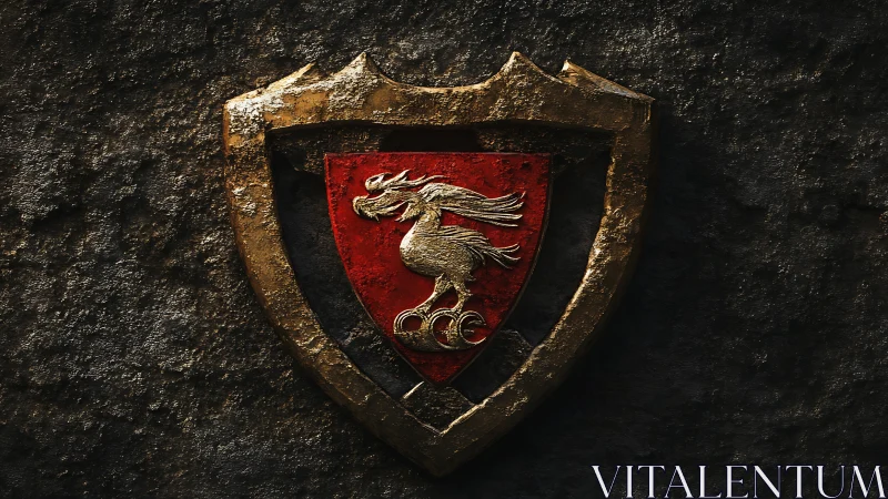 Heraldic gold shield with red crest and stylized gryphon emblem.