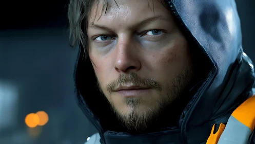 Hooded survivor gazes ahead in hyperreal close portrait.