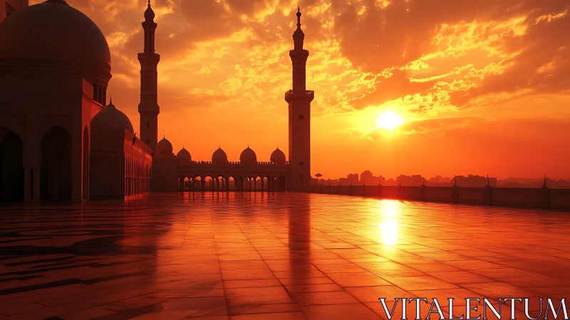 Mosque courtyard sunset with glowing minaret reflection.