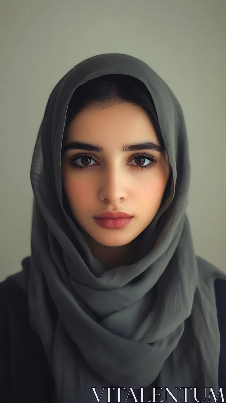 Soft-lit portrait of woman in flowing gray hijab.