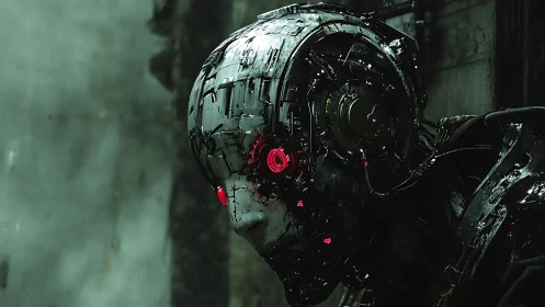 Cybernetic skull portrait with red luminescent optics.