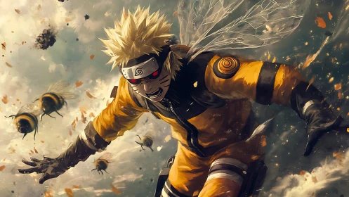 Blond anime ninja with insect wings charges through debris