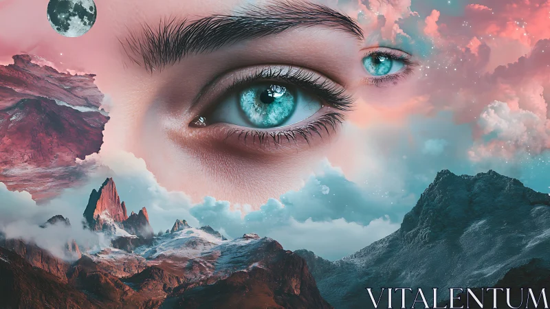 Surreal turquoise eyes drift above dreamlike mountain clouds