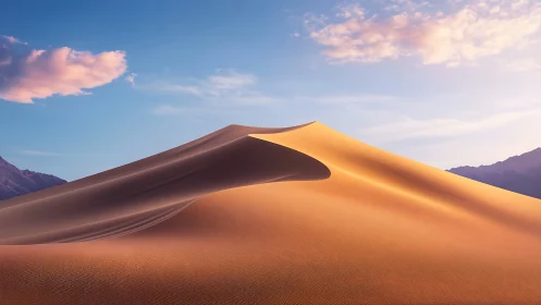 Curved desert dune ridge under warm sunset sidelight gradients