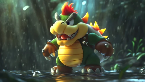 Stylized reptilian king in cinematic rainforest lighting.