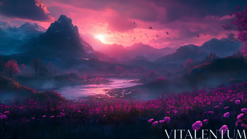 Iridescent twilight valley with neon magenta blossom fields.