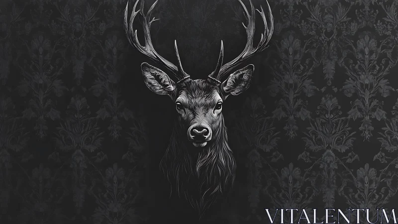 Monochrome stag illustration on dark patterned backdrop.