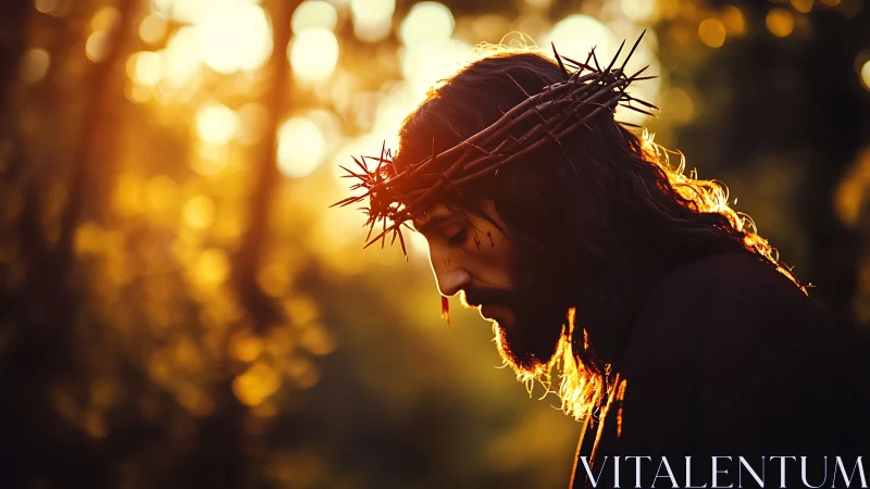 Photorealistic profile study of Christ with backlit crown of thorns.