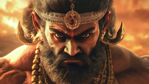 Fierce warrior demigod gazes forward with burning resolve