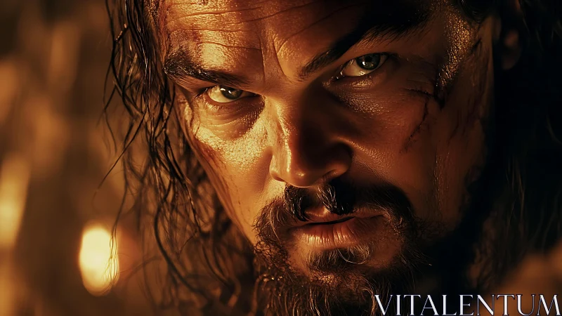 Fierce bearded warrior locks eyes with an unflinching stare