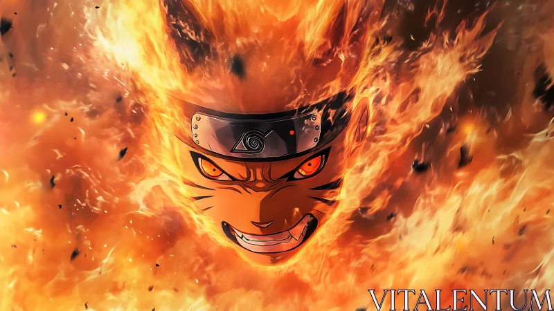 Fiery anime face emerges aggressively from swirling flames