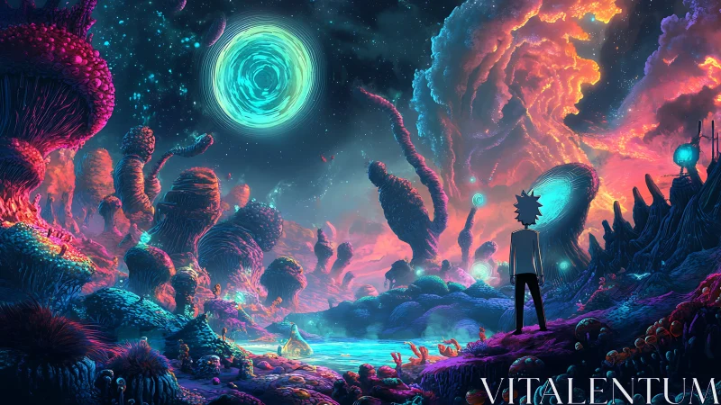 Neon alien landscape unfolds beneath swirling cosmic portal.