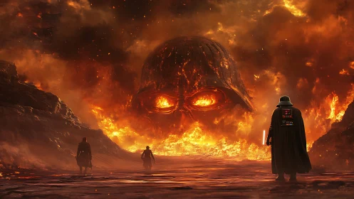 Molten battlefield unfolds beneath a fiery, watching mask