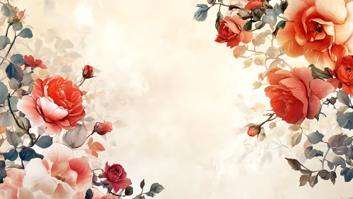 Red and Pink Watercolor Roses on Cream Background