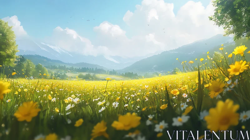 Sunlit wildflower meadow stretching toward distant mountains.