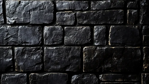 Dark textured stone brick wall with uneven glossy surface.