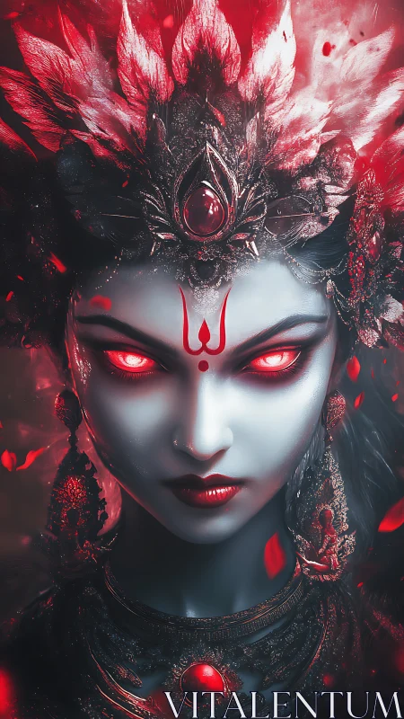 Mythic goddess portrait renders glowing red ocular intensity