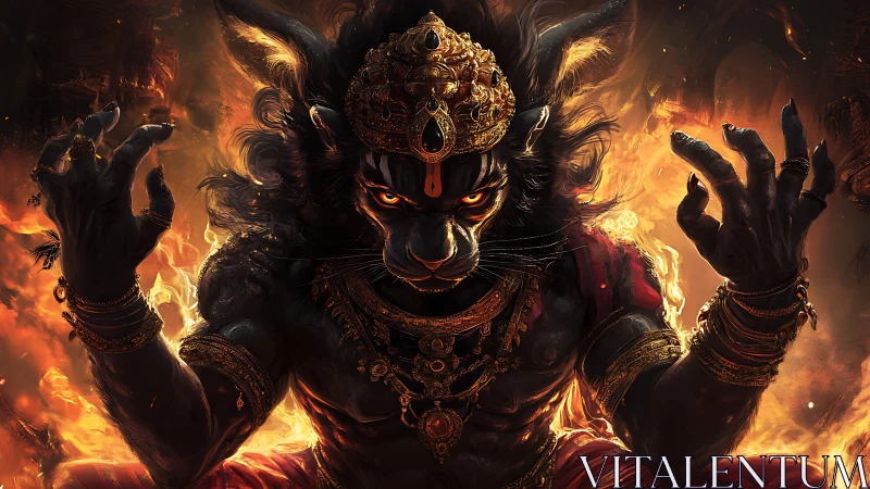 Fiery feline demigod unleashes power amid swirling flames