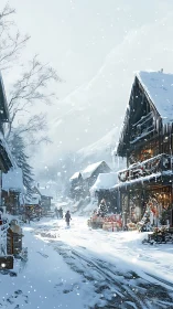 Snow-laden alpine village street rendered in festive digital realism