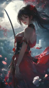 Sword-bearing moonlit warrior stands in swirling red petals