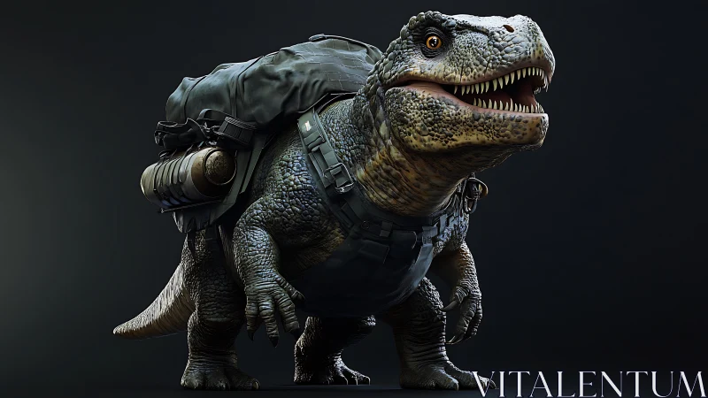 3D rendered dinosaur with tactical pack stands in profile